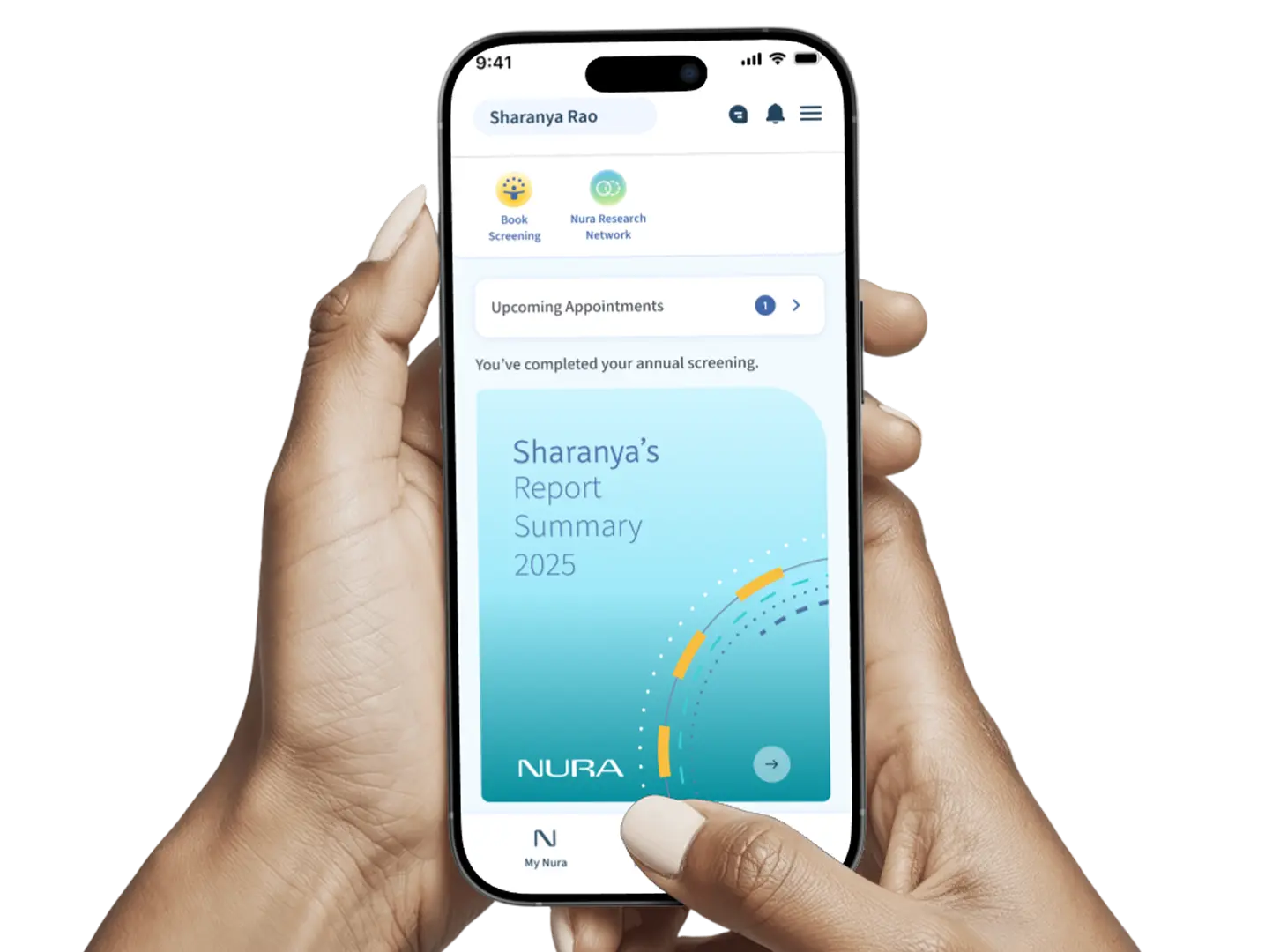 NURA mobile app shown on a smartphone